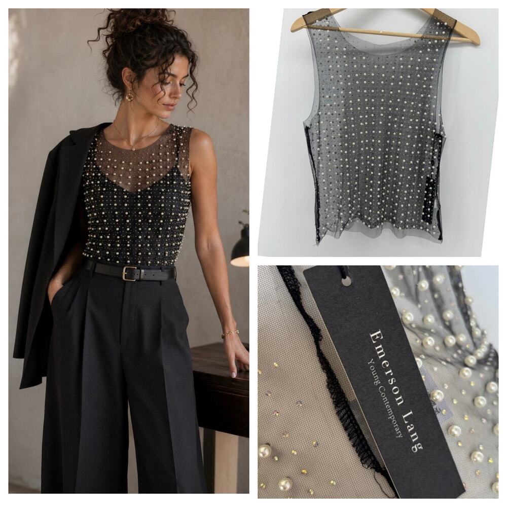 Emerson Lang Sheer Mesh Sleeveless Top Pearls Size Large Office Siren Mob Wife